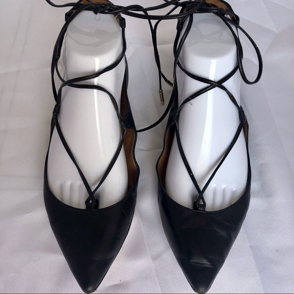 Aquazzura Christy Lace-Up Flats Black Leather 37.5